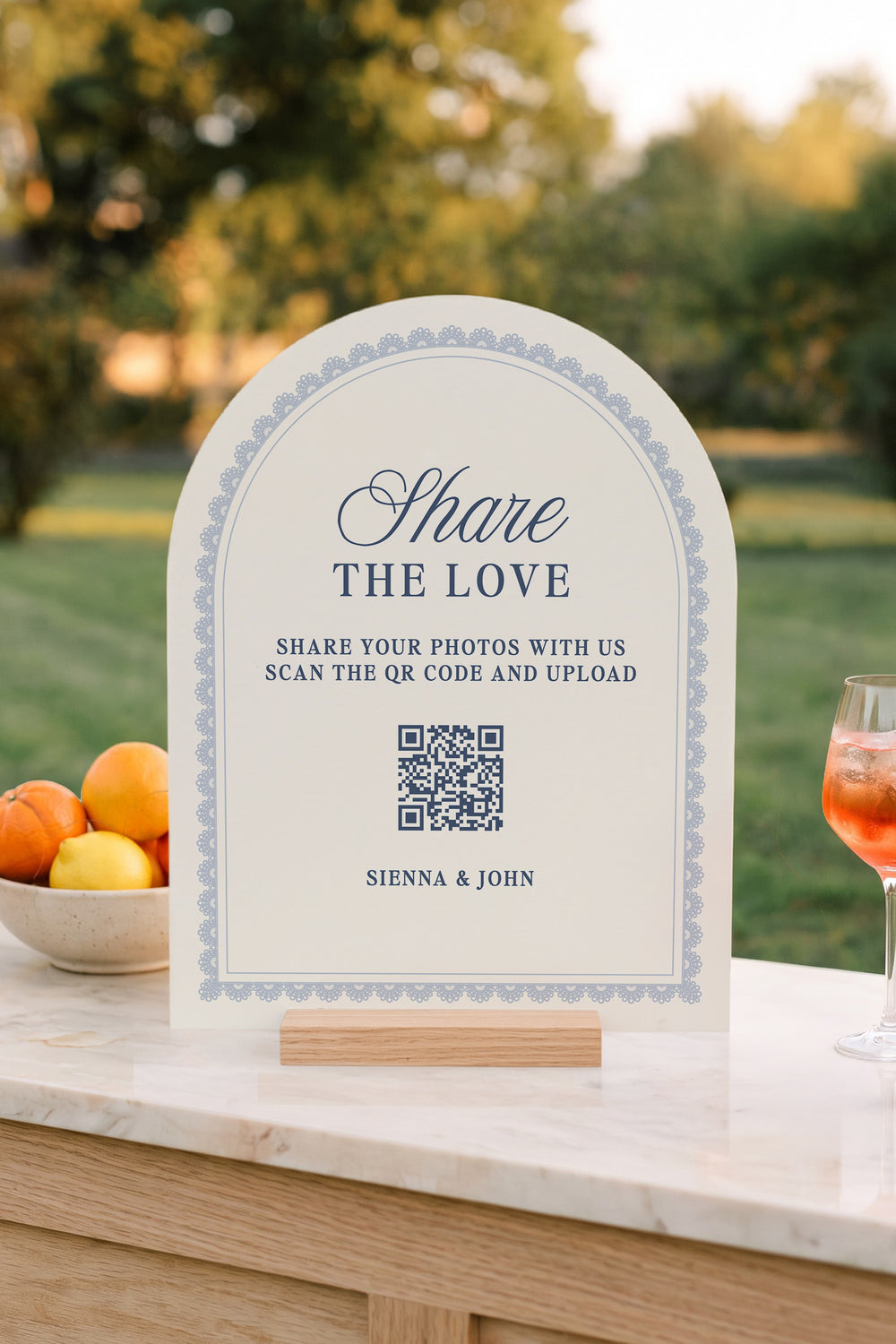French navy arch wedding photo share sign with a lace border #shape_Arch#color_French Navy