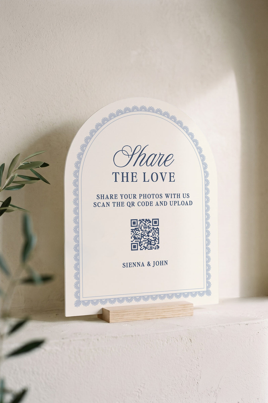French navy arch wedding photo share sign with a lace border #shape_Arch#color_French Navy
