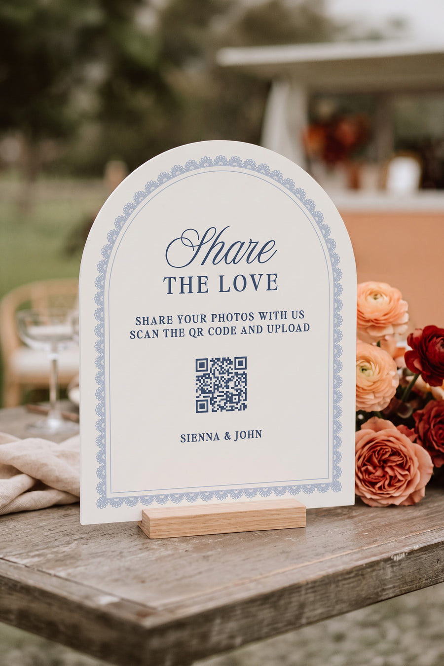 French navy arch wedding photo share sign with a lace border #shape_Arch#color_French Navy