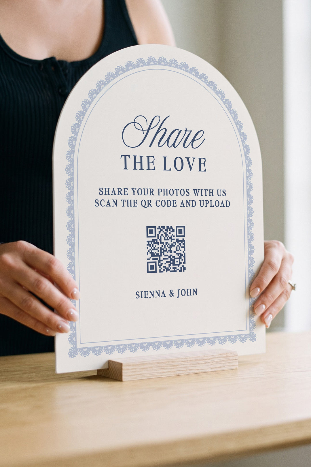 French navy arch wedding photo share sign with a lace border #shape_Arch#color_French Navy
