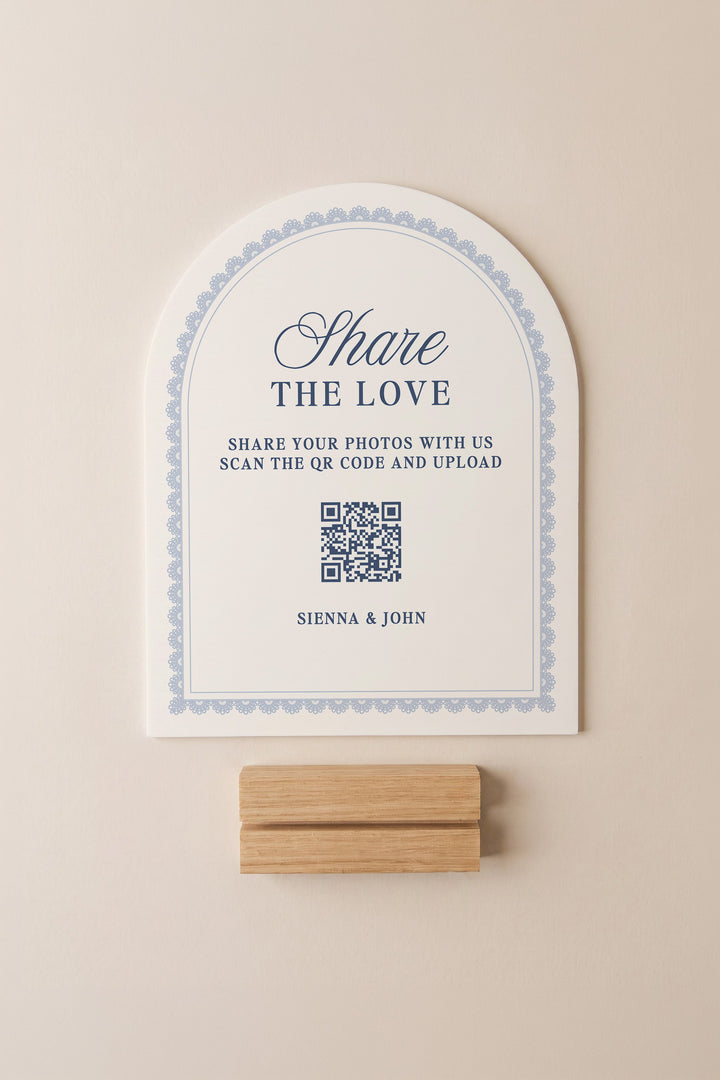 French navy arch wedding photo share sign with a lace border #shape_Arch#color_French Navy