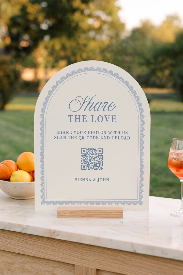 Powder blue arch wedding photo share sign with a lace border #shape_Arch#color_Powder