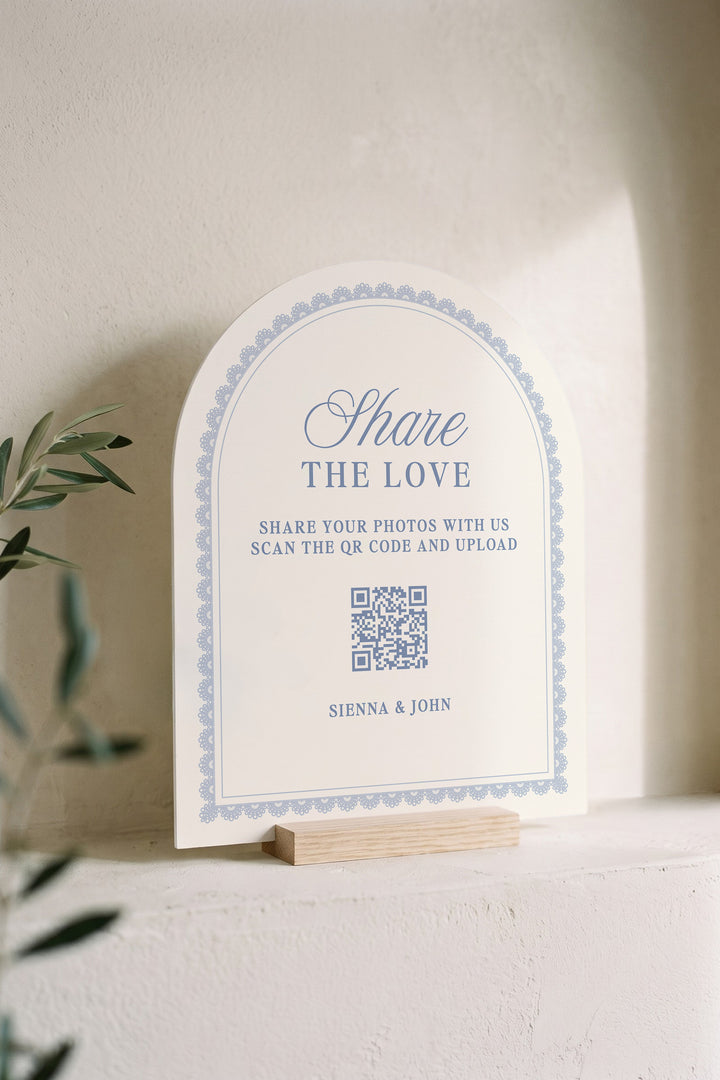 Powder blue arch wedding photo share sign with a lace border #shape_Arch#color_Powder