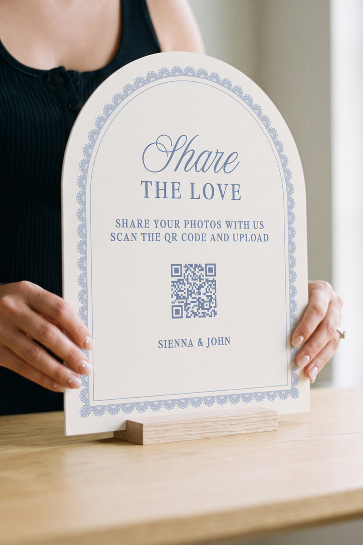 Powder blue arch wedding photo share sign with a lace border #shape_Arch#color_Powder