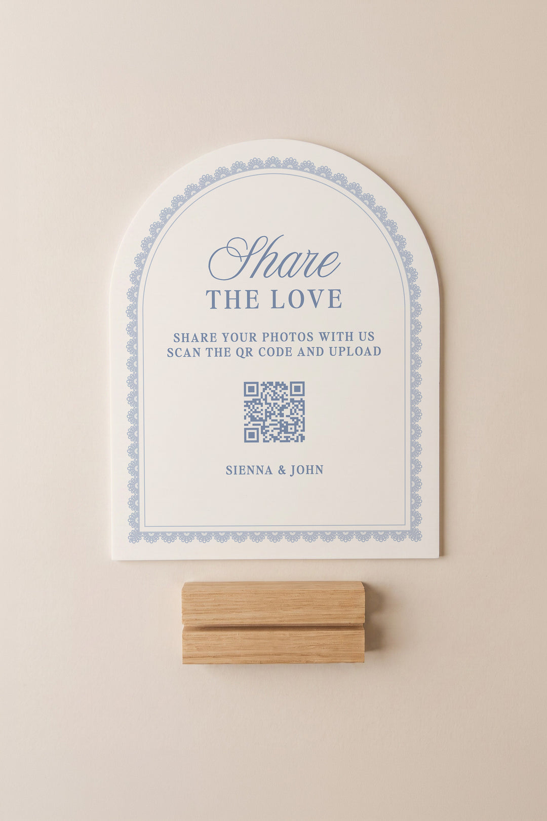 Powder blue arch wedding photo share sign with a lace border #shape_Arch#color_Powder