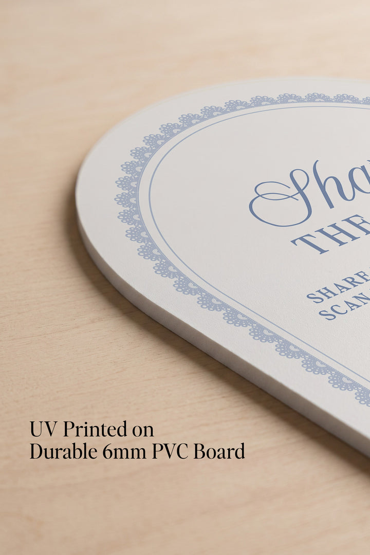 Powder blue arch wedding photo share sign with a lace border #shape_Arch#color_Powder