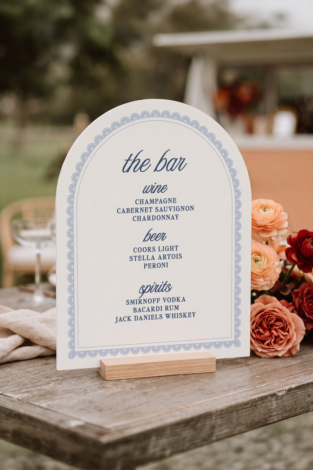 French navy arch wedding bar menu sign with a lace border #shape_Arch#color_French Navy