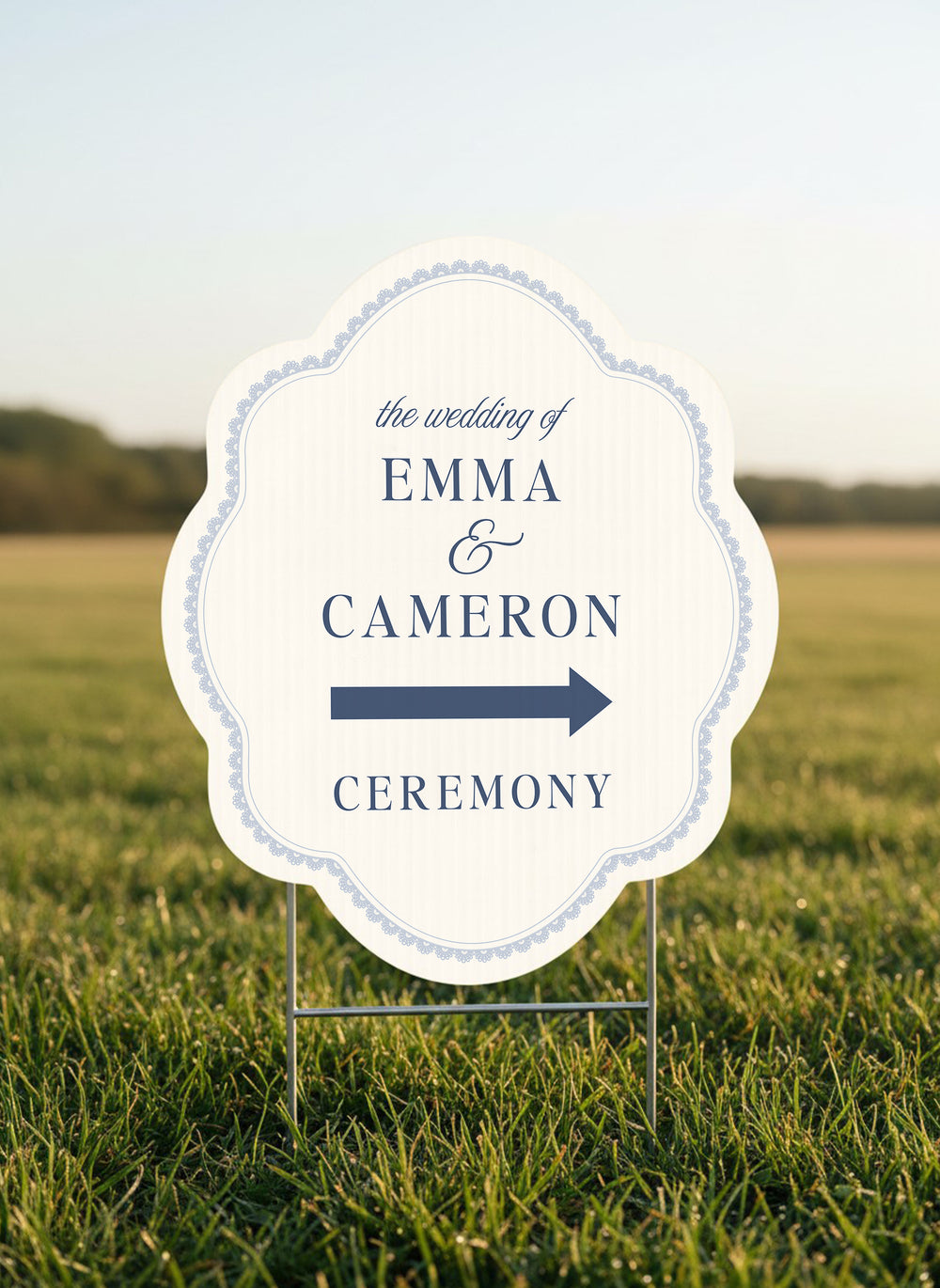 French navy scalloped wedding directional yard sign with a lace border #color_French Navy