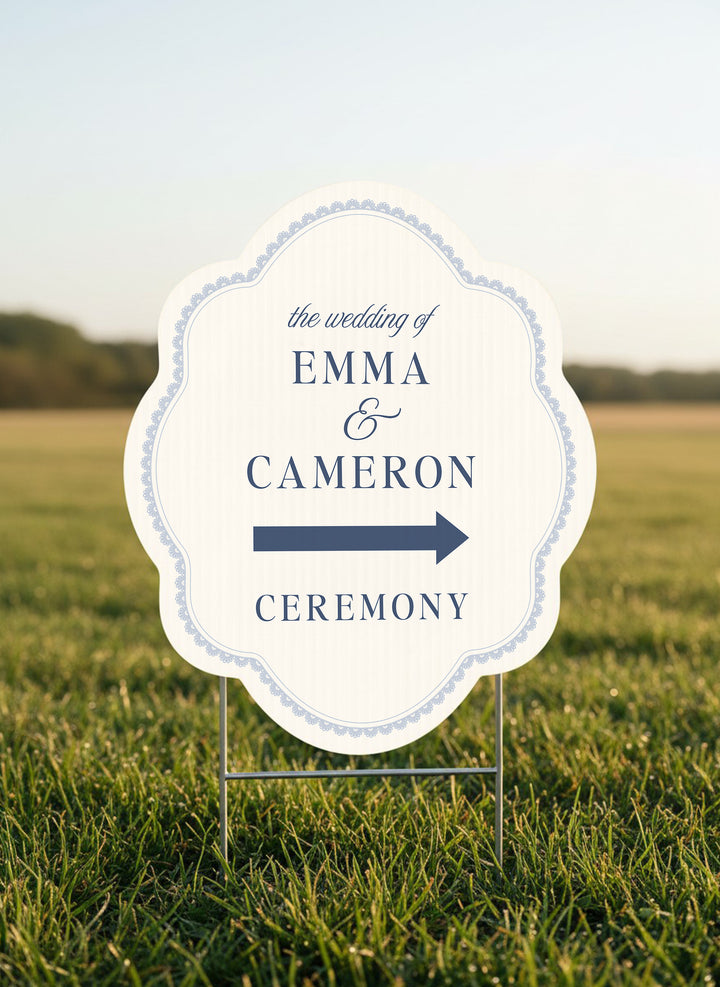 French navy scalloped wedding directional yard sign with a lace border #color_French Navy