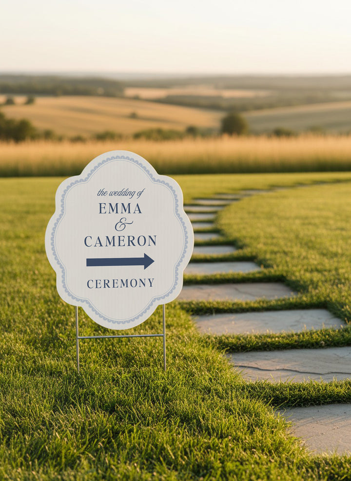 French navy scalloped wedding directional yard sign with a lace border #color_French Navy