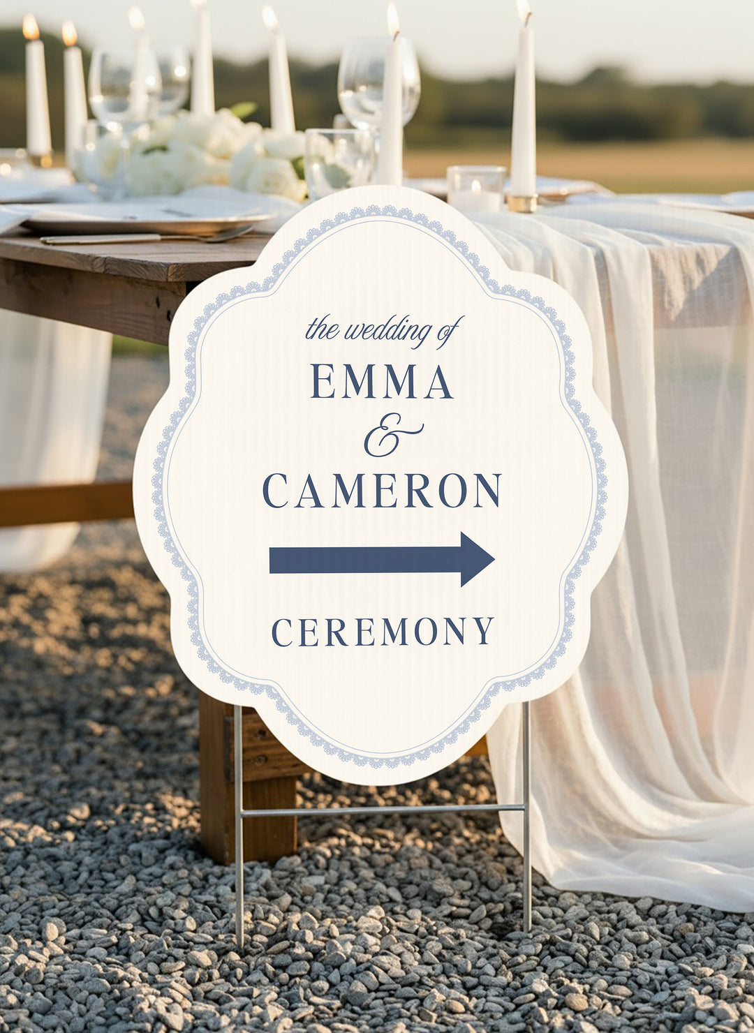 French navy scalloped wedding directional yard sign with a lace border #color_French Navy