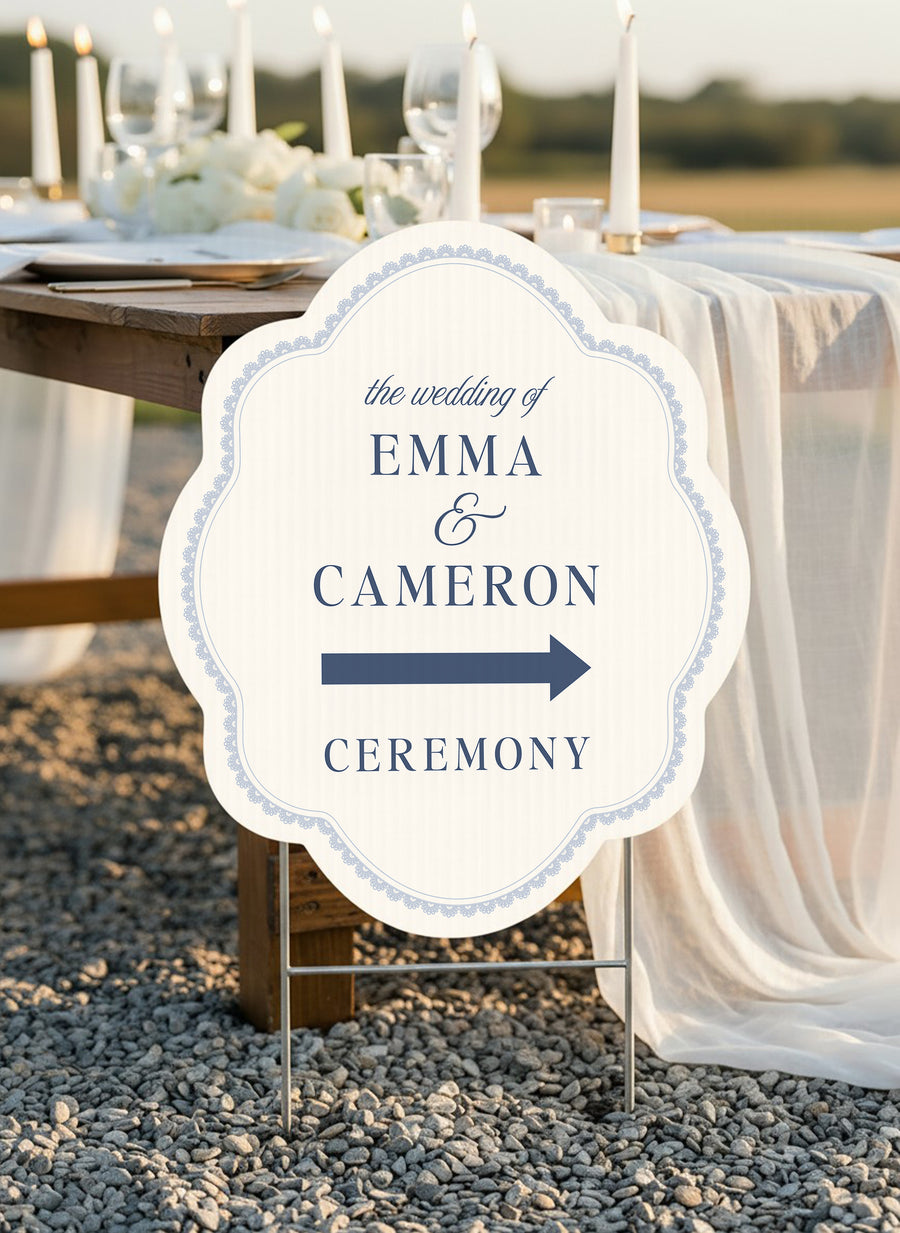 French navy scalloped wedding directional yard sign with a lace border #color_French Navy