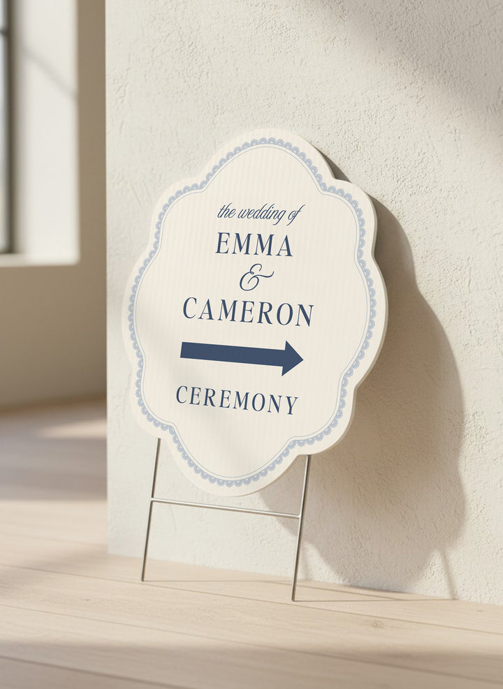 French navy scalloped wedding directional yard sign with a lace border #color_French Navy