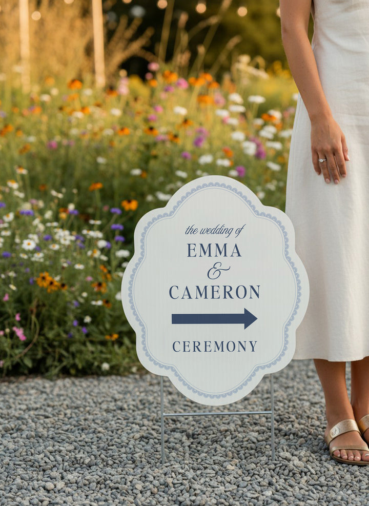 French navy scalloped wedding directional yard sign with a lace border #color_French Navy