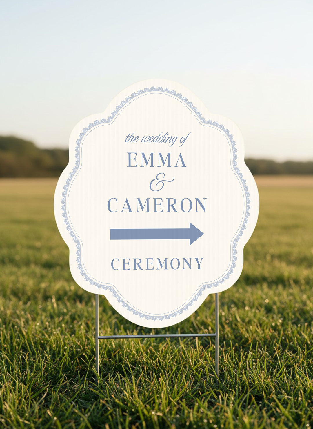 Powder blue scalloped wedding directional yard sign with a lace border #color_Powder