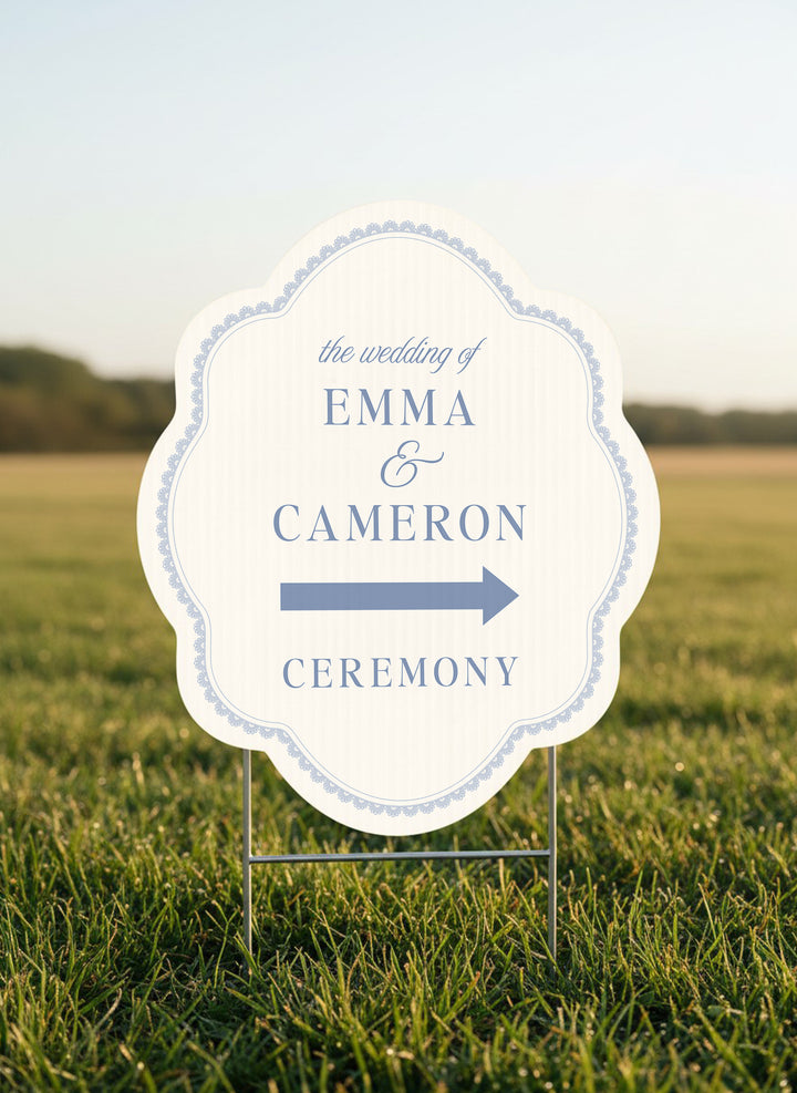 Powder blue scalloped wedding directional yard sign with a lace border #color_Powder