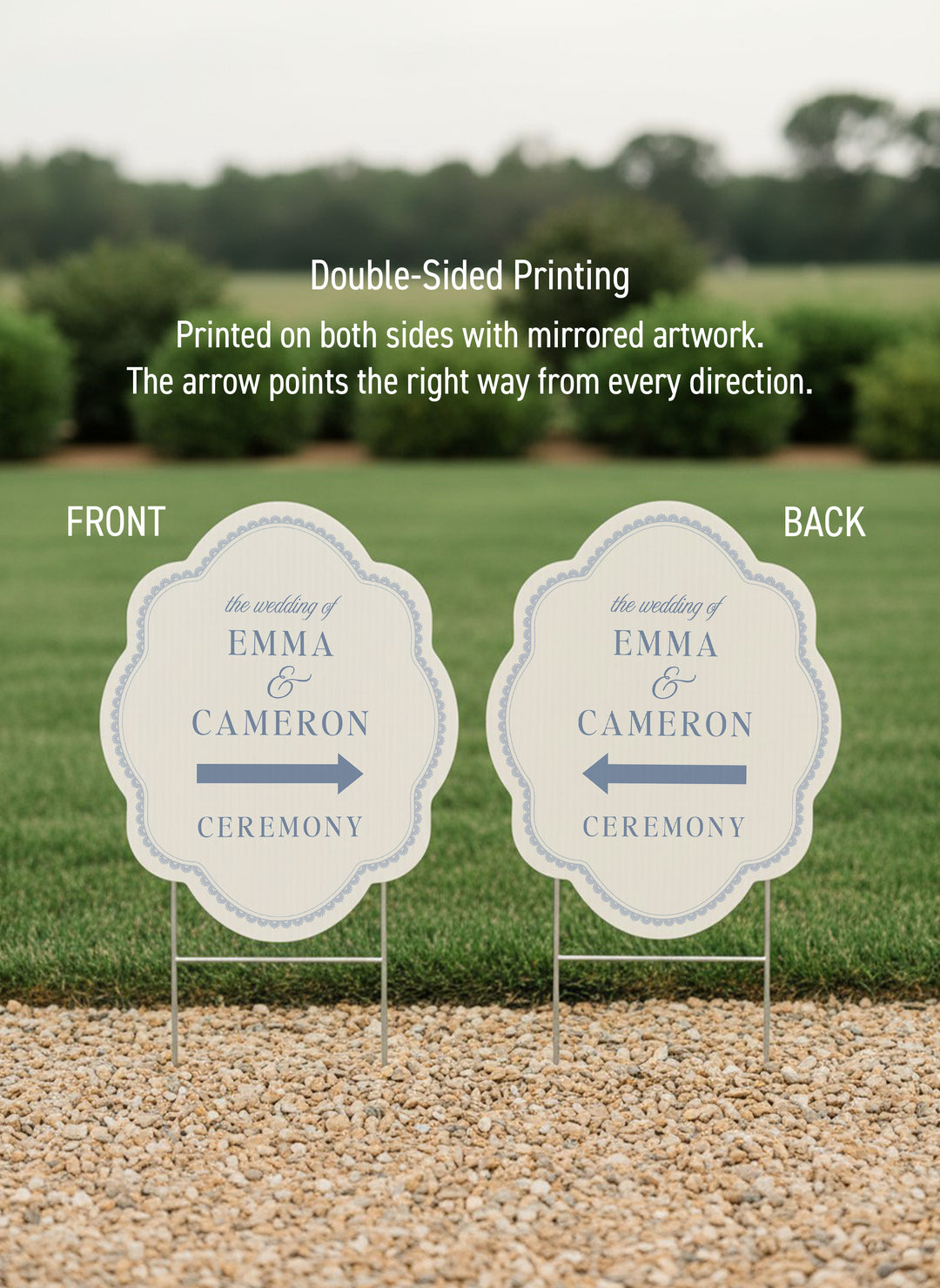 Powder blue scalloped wedding directional yard sign with a lace border #color_Powder