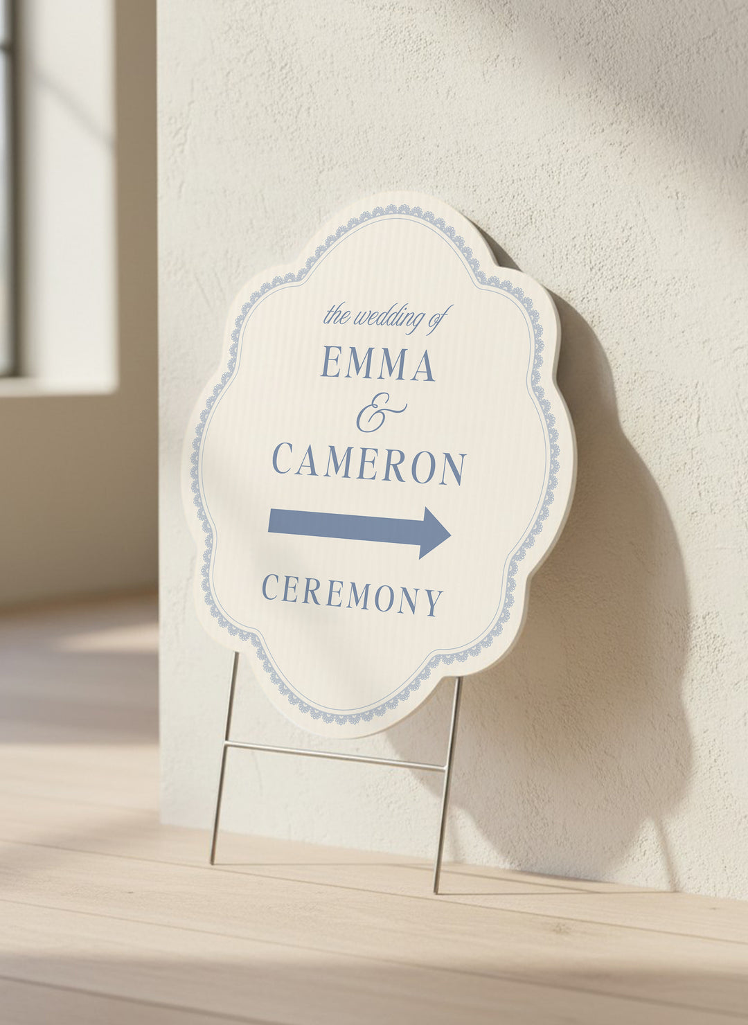 Powder blue scalloped wedding directional yard sign with a lace border #color_Powder