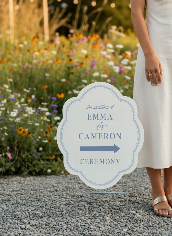 Powder blue scalloped wedding directional yard sign with a lace border #color_Powder