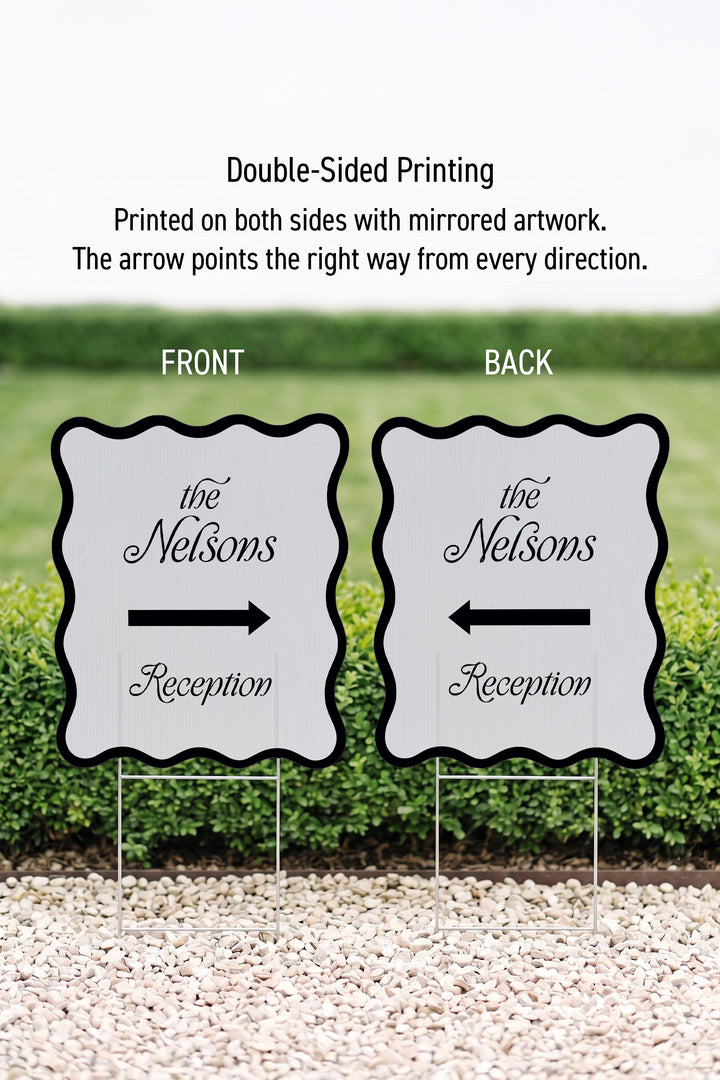Black wavy wedding yard sign printed on both sides with the arrow mirrored #Color_Black