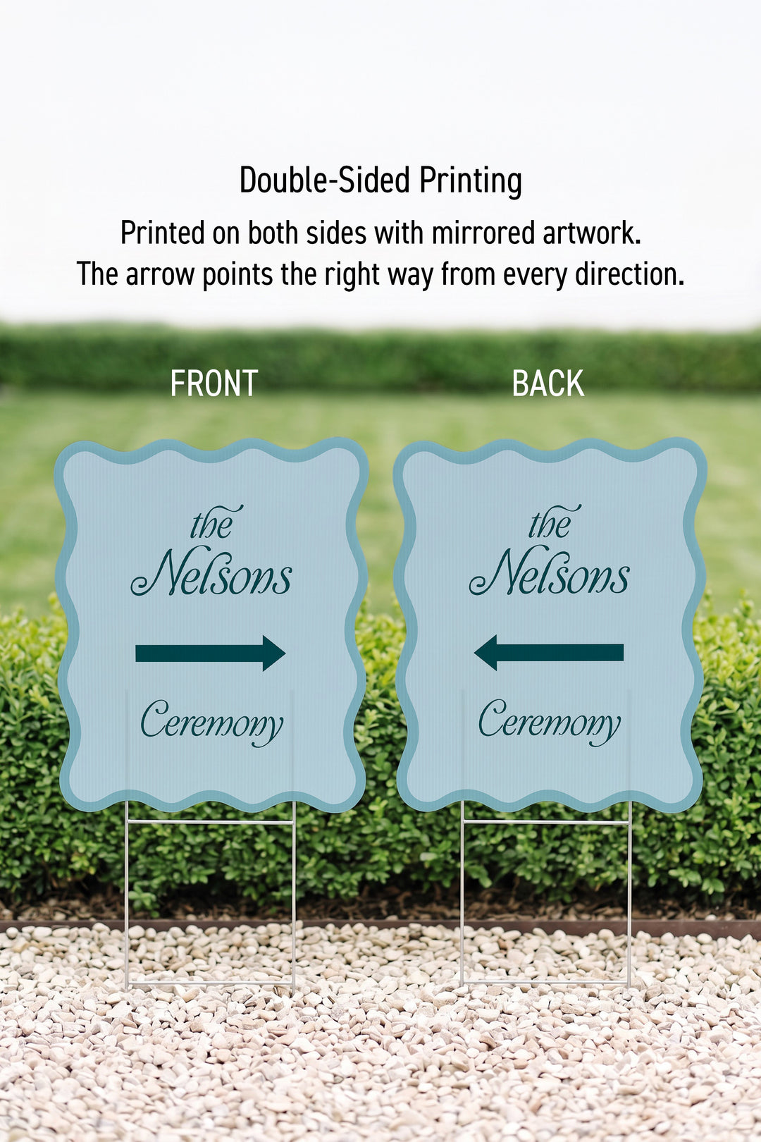 Salt Air blue wavy wedding yard sign printed on both sides with the arrow mirrored #Color_Salt Air