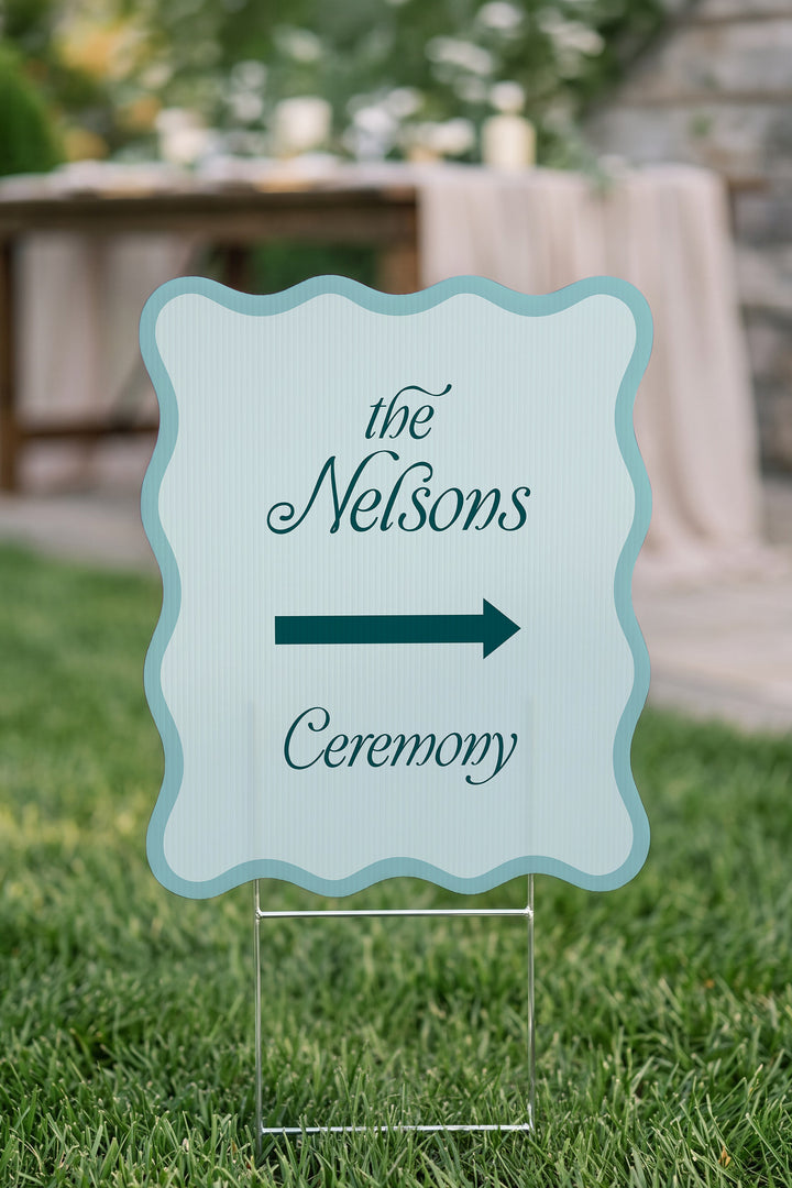 Salt Air blue wavy wedding directional yard sign staked on a garden path #Color_Salt Air