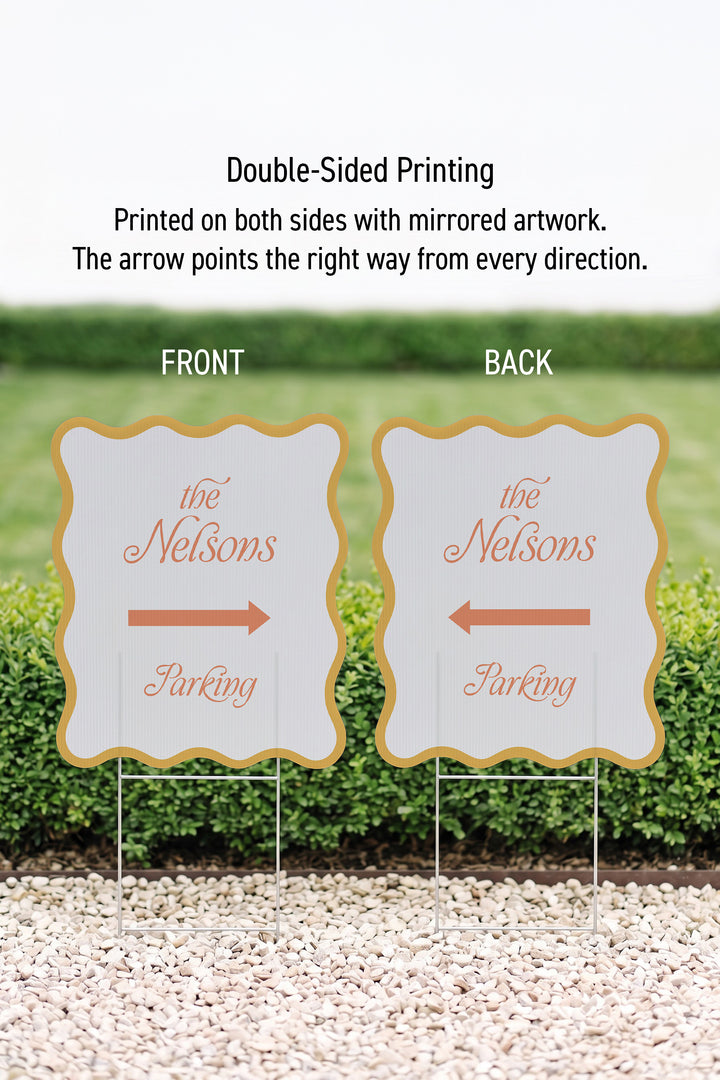 Sunkissed gold wavy wedding yard sign printed on both sides with the arrow mirrored #Color_Sunkissed