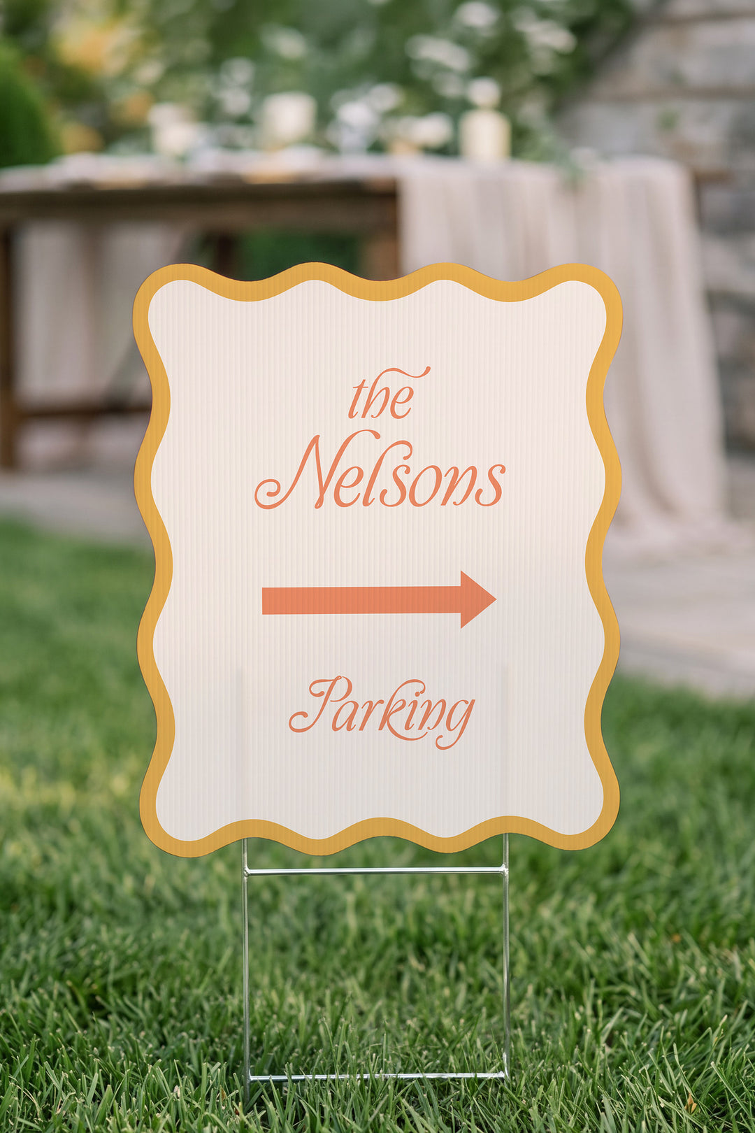 Sunkissed gold wavy wedding directional yard sign staked on a garden path #Color_Sunkissed