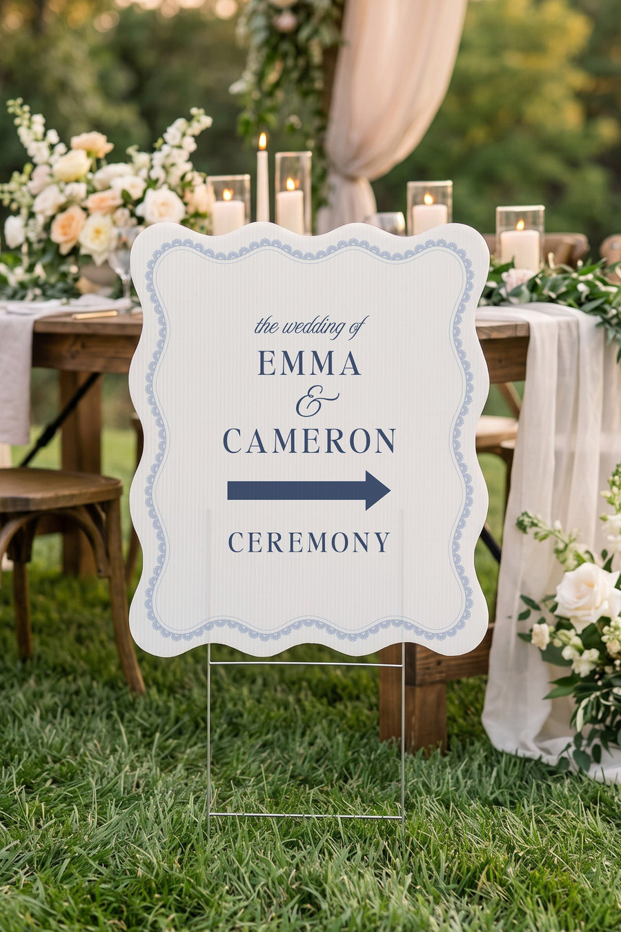 French navy wavy edge wedding directional yard sign with a lace border #color_French Navy