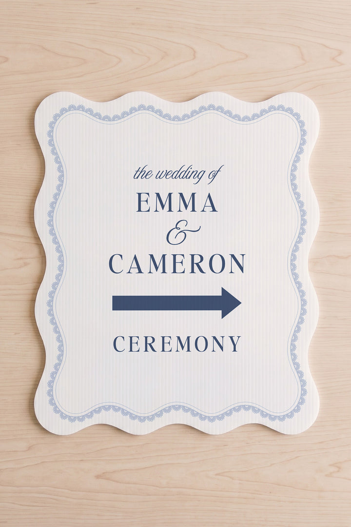 French navy wavy edge wedding directional yard sign with a lace border #color_French Navy