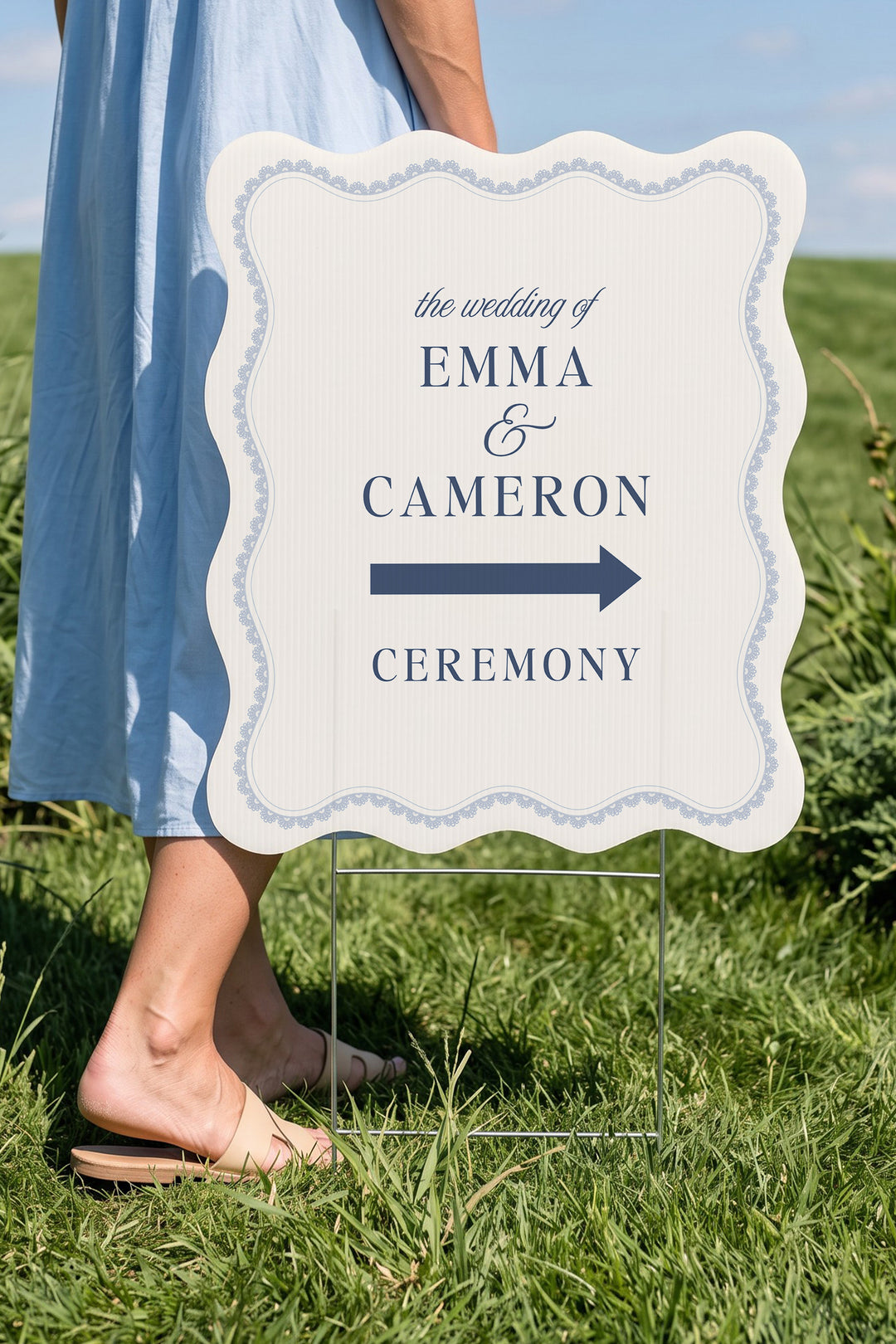French navy wavy edge wedding directional yard sign with a lace border #color_French Navy