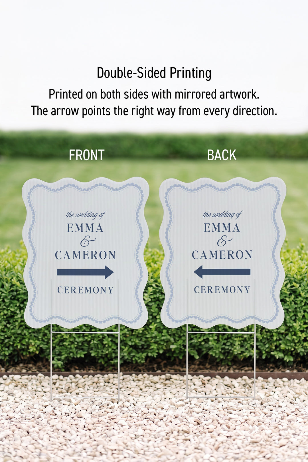 French navy wavy edge wedding directional yard sign with a lace border #color_French Navy