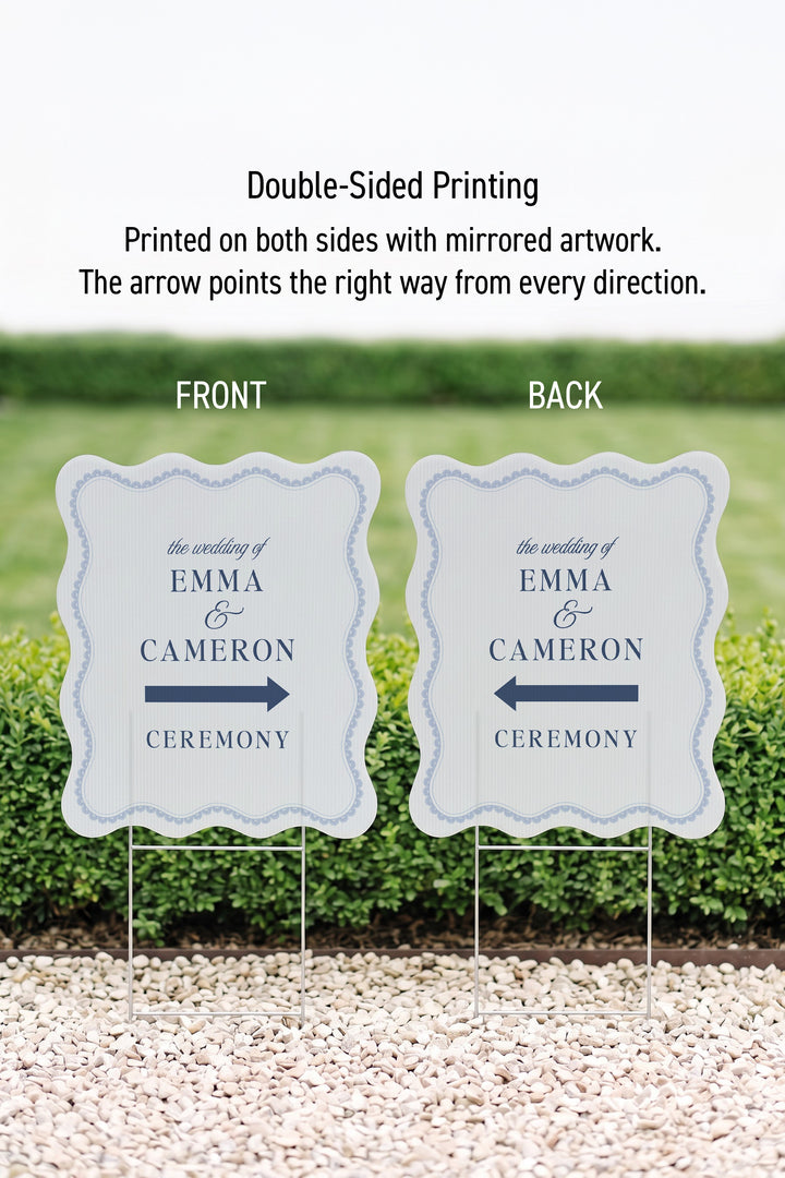 French navy wavy edge wedding directional yard sign with a lace border #color_French Navy