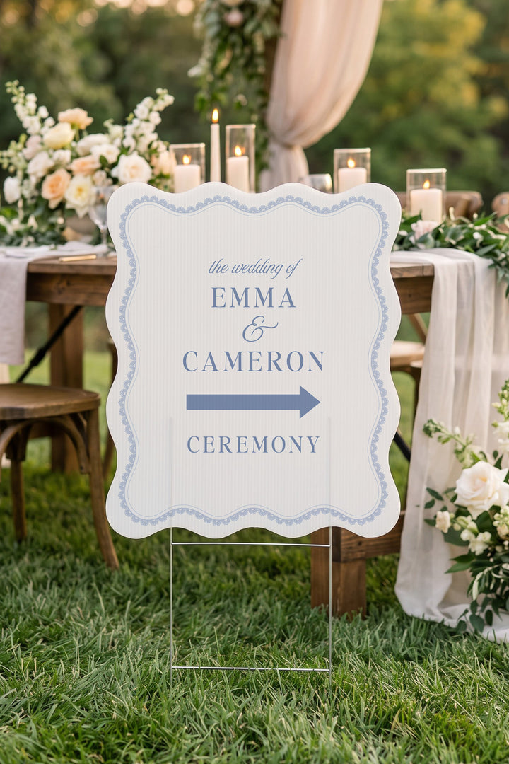 Powder blue wavy edge wedding directional yard sign with a lace border #color_Powder