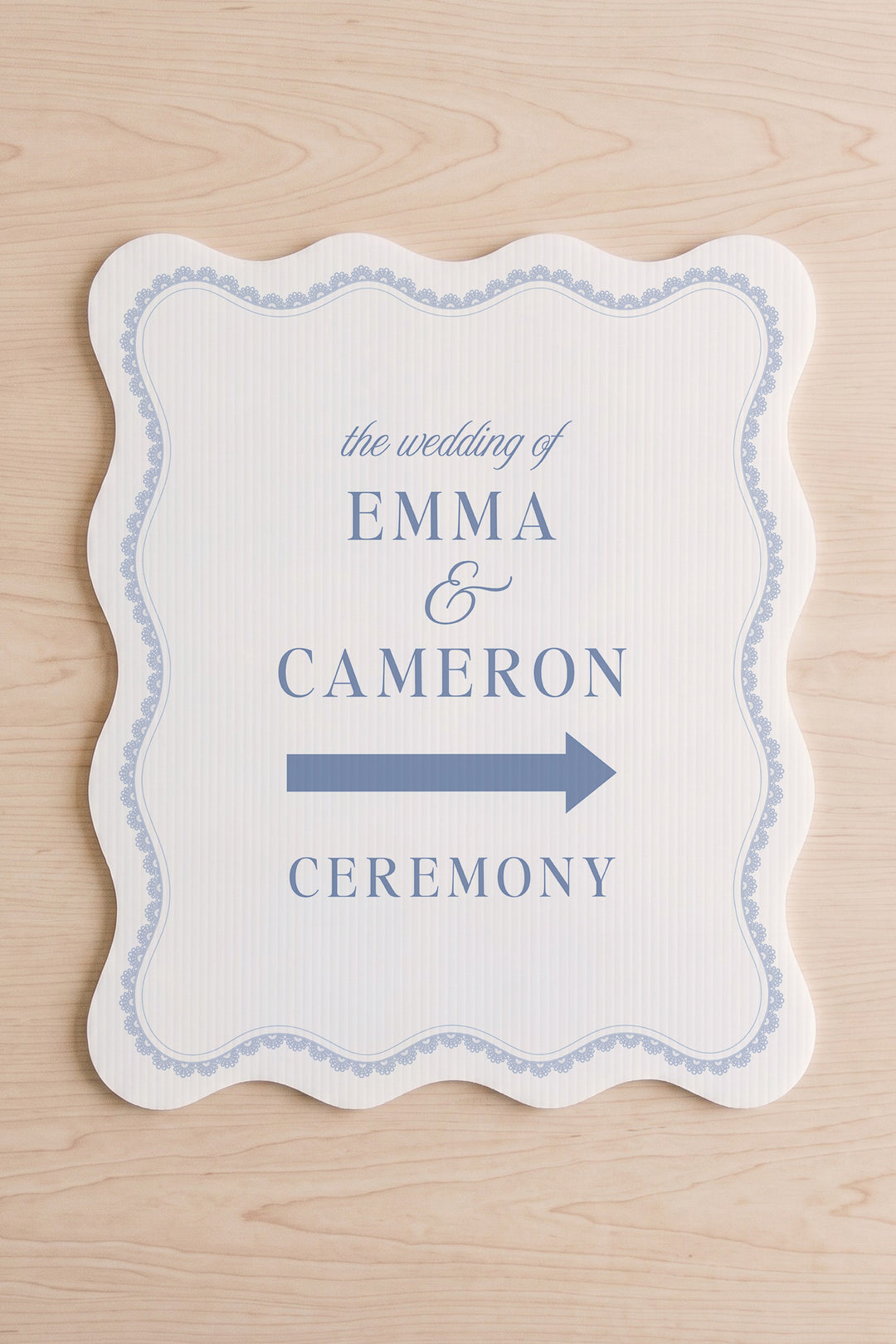 Powder blue wavy edge wedding directional yard sign with a lace border #color_Powder