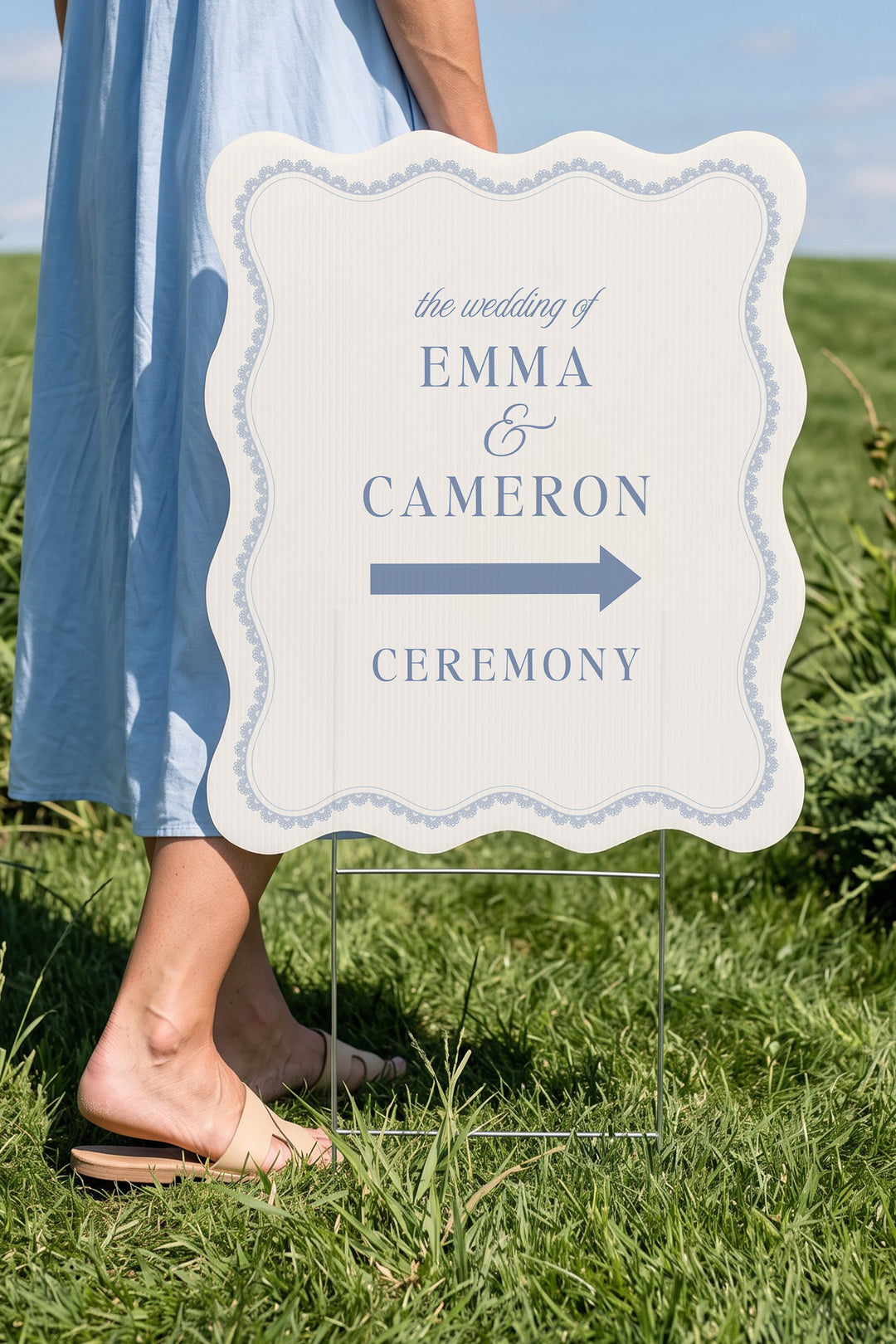 Powder blue wavy edge wedding directional yard sign with a lace border #color_Powder