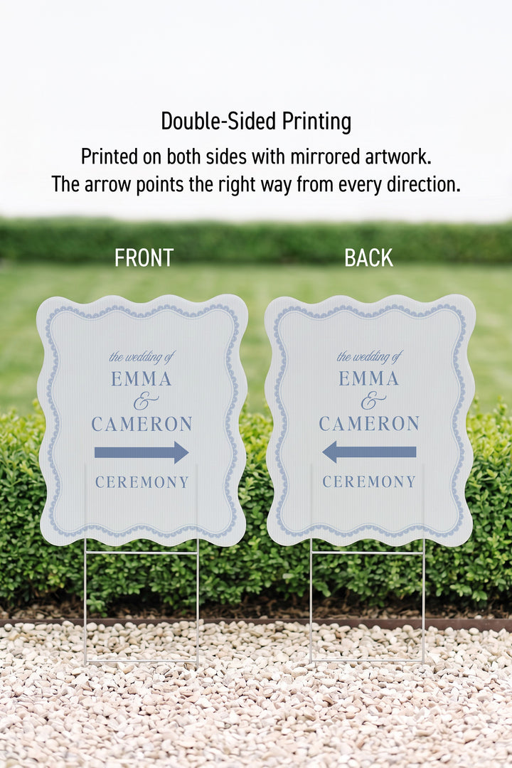 Powder blue wavy edge wedding directional yard sign with a lace border #color_Powder