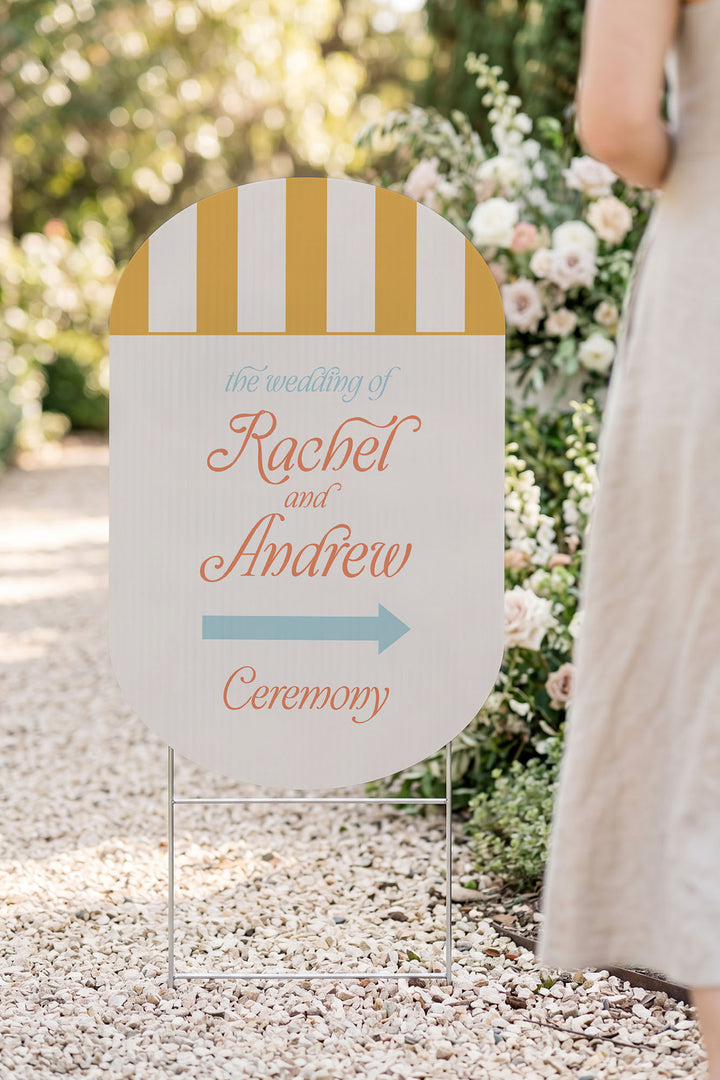 The Amalfi Directional striped wedding yard sign in Sunkissed #Color_Sunkissed