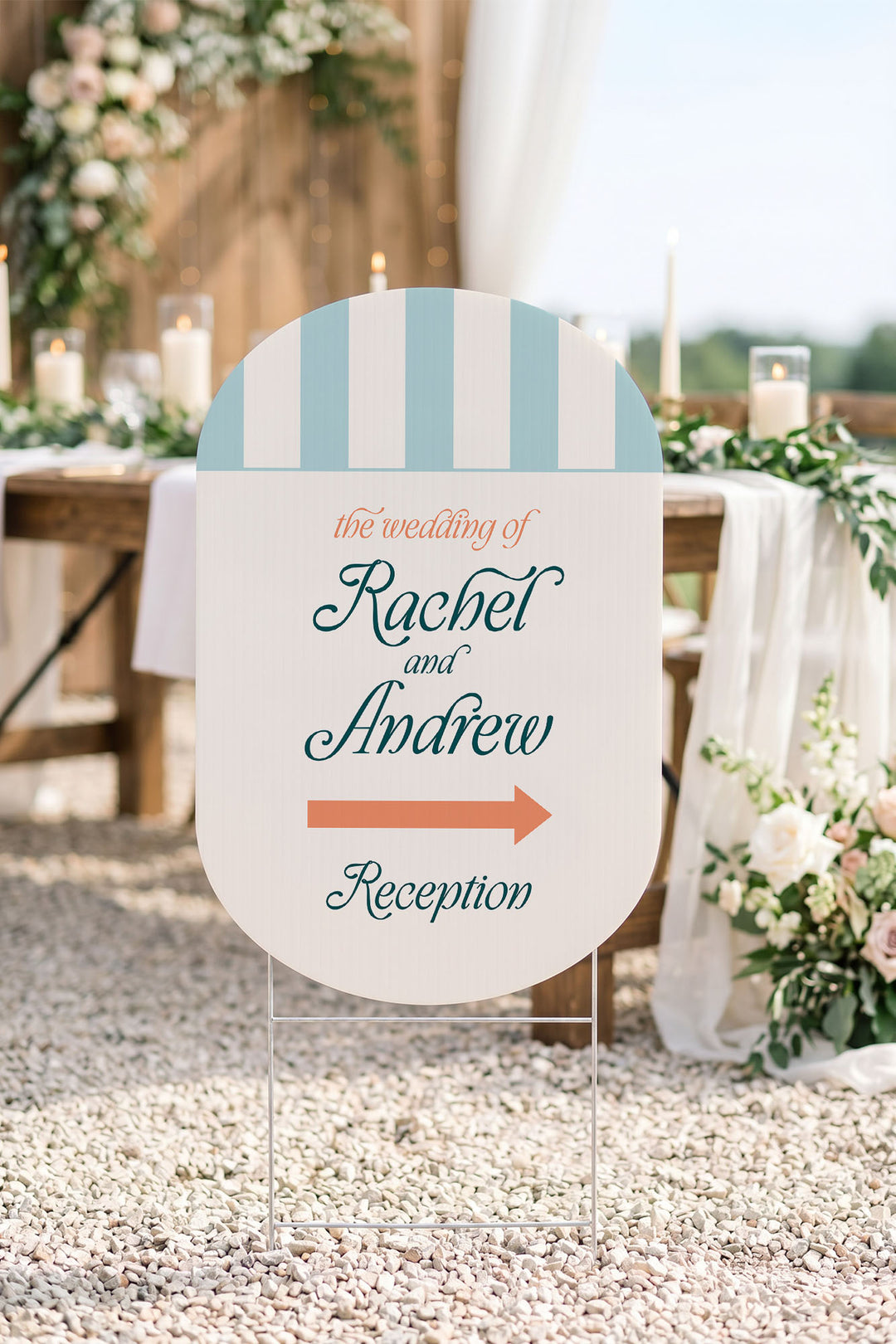 The Amalfi Directional striped wedding yard sign in Salt Air #Color_Salt Air