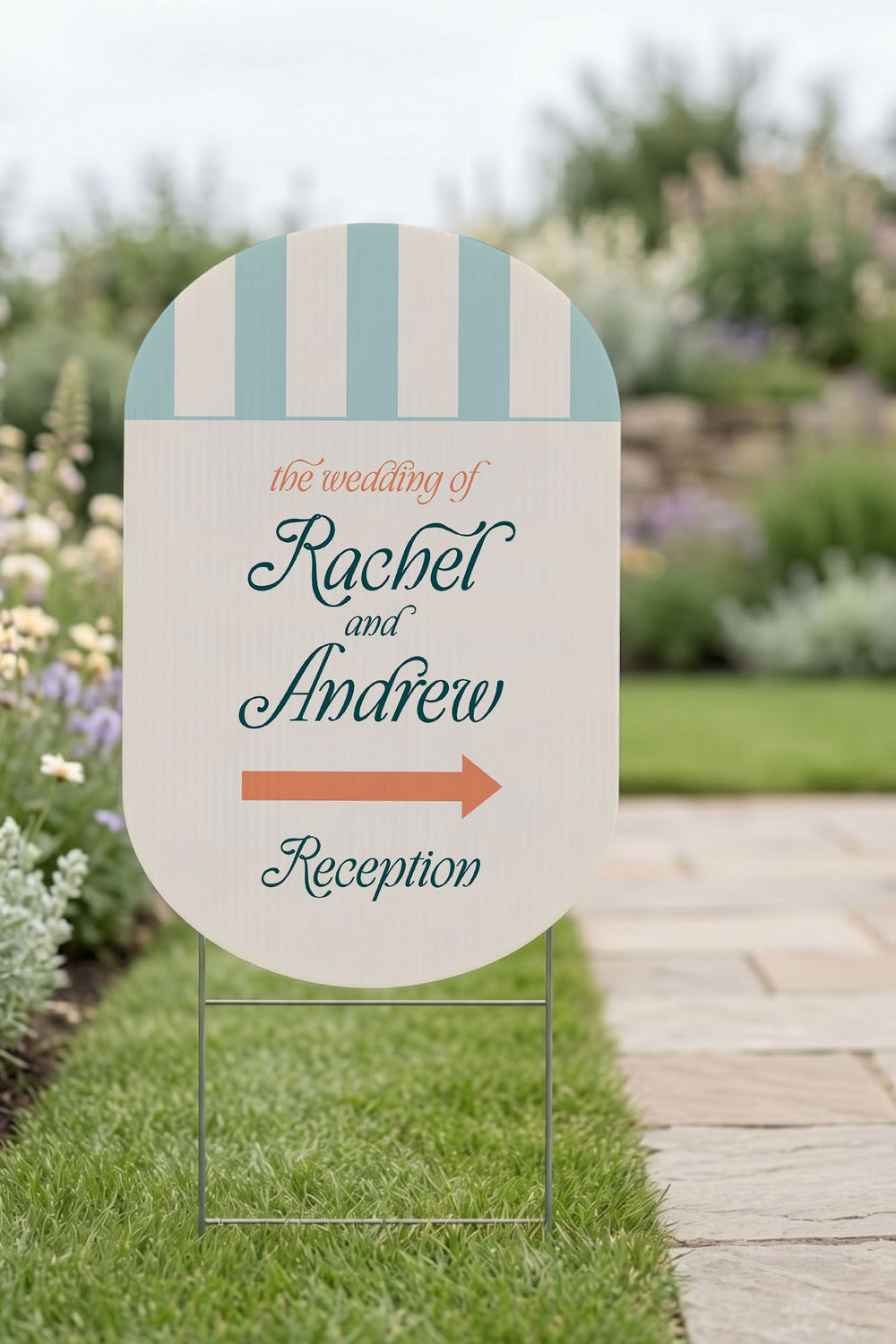 The Amalfi Directional striped wedding yard sign in Salt Air #Color_Salt Air