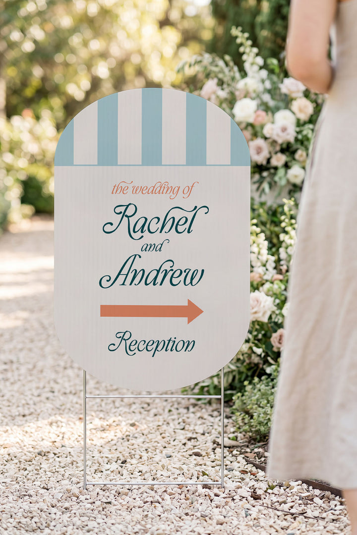 The Amalfi Directional striped wedding yard sign in Salt Air #Color_Salt Air