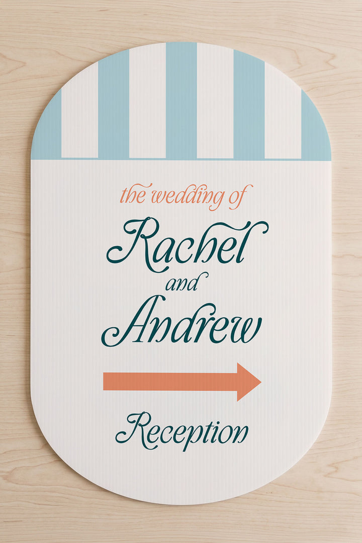 The Amalfi Directional striped wedding yard sign in Salt Air #Color_Salt Air