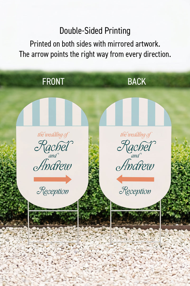 The Amalfi Directional striped wedding yard sign in Salt Air #Color_Salt Air