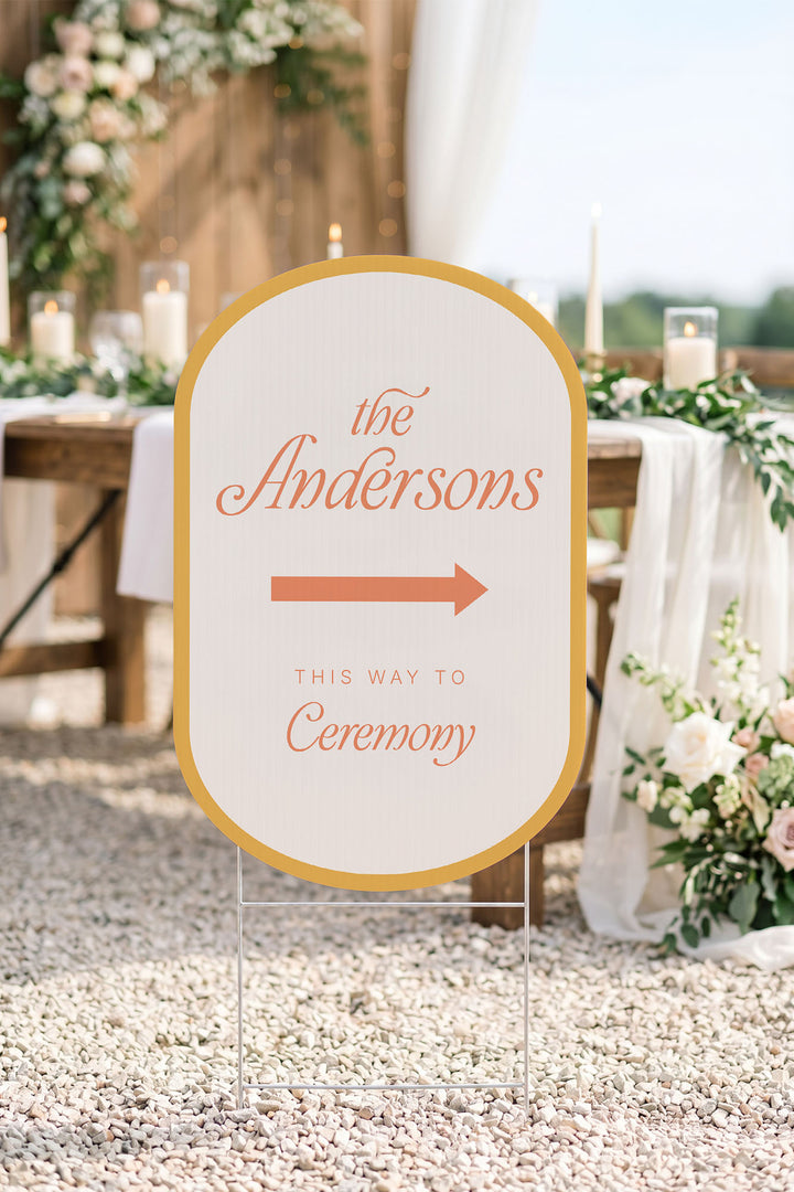 The Amalfi Directional family name wedding yard sign in Sunkissed #Color_Sunkissed