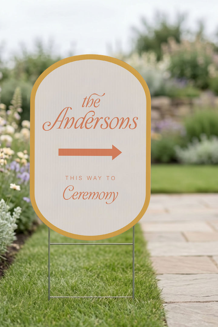 The Amalfi Directional family name wedding yard sign in Sunkissed #Color_Sunkissed