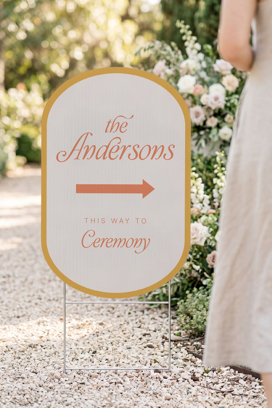 The Amalfi Directional family name wedding yard sign in Sunkissed #Color_Sunkissed