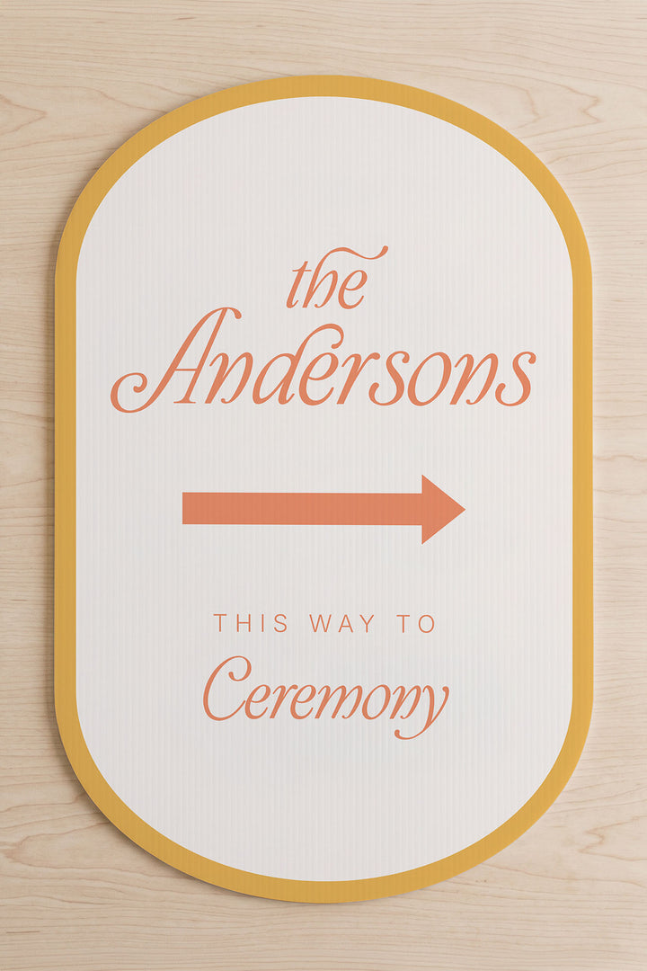The Amalfi Directional family name wedding yard sign in Sunkissed #Color_Sunkissed