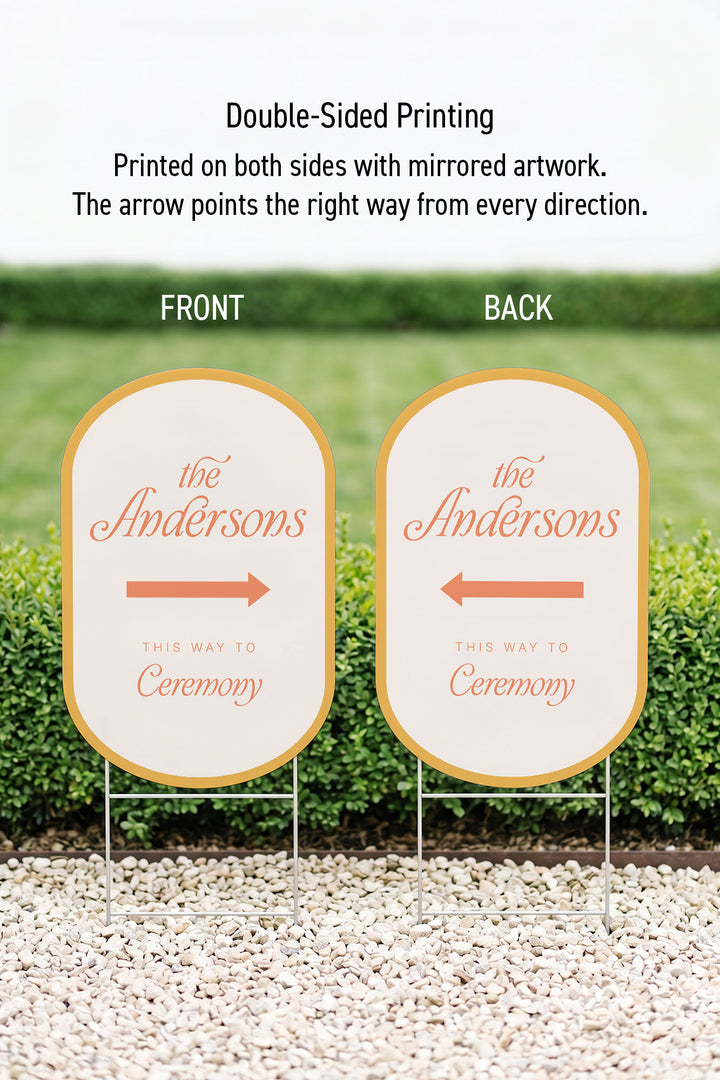 The Amalfi Directional family name wedding yard sign in Sunkissed #Color_Sunkissed