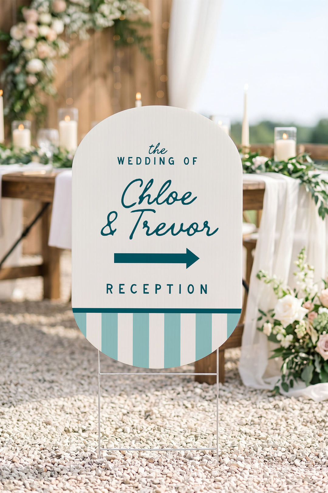 The Cabana Directional striped wedding yard sign in Deep End #Color_Deep End