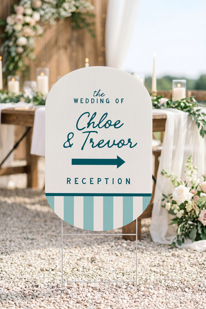 The Cabana Directional striped wedding yard sign in Deep End #Color_Deep End